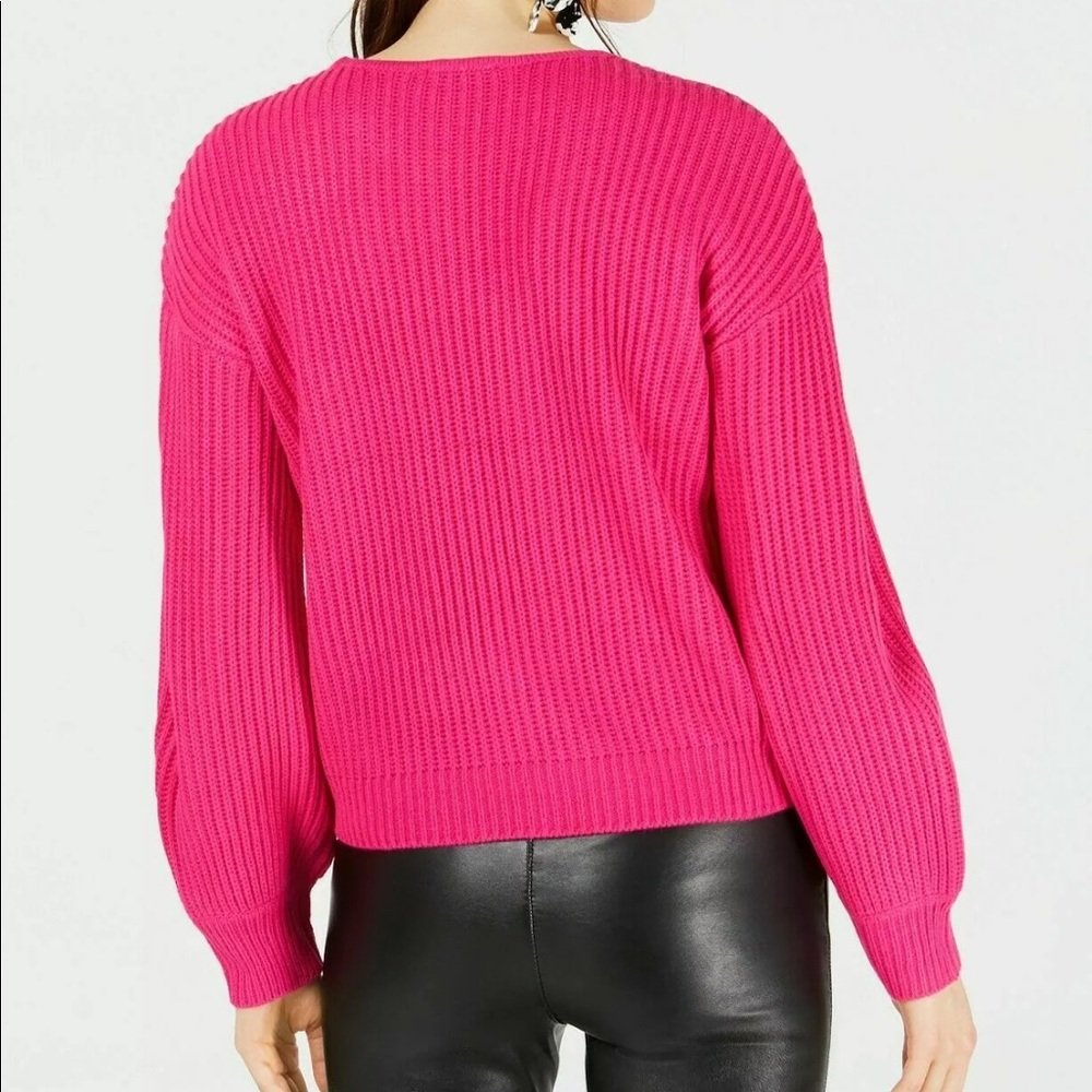 🔥BAR III🔥BALLOON-SLEEVE CUTOUT KNIT SWEATER PINK BON BON MEDIUM NWT - Picture 2 of 5